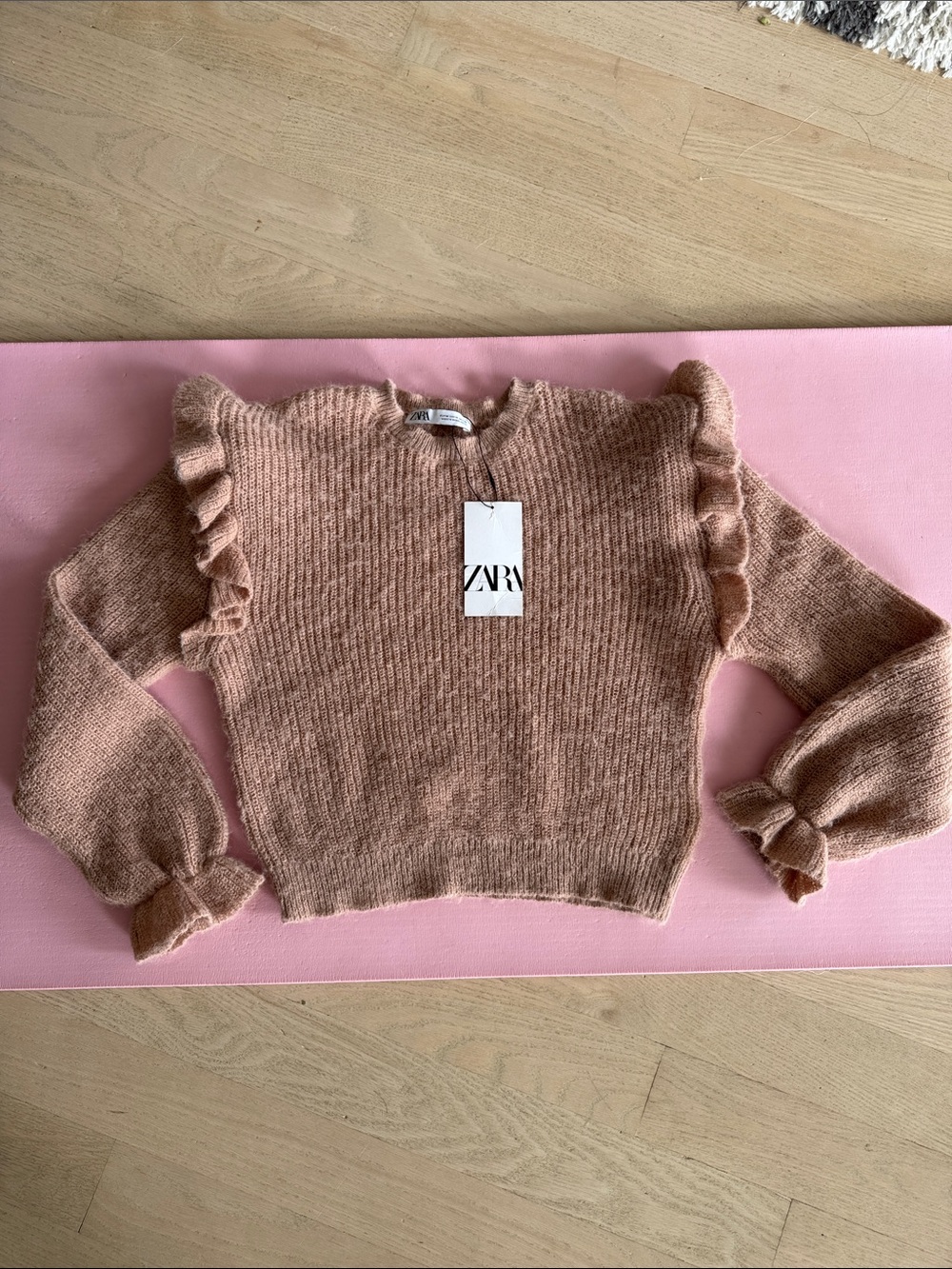 Zara Dusty Pink Ruffle-Trim Ribbed Knit Sweater